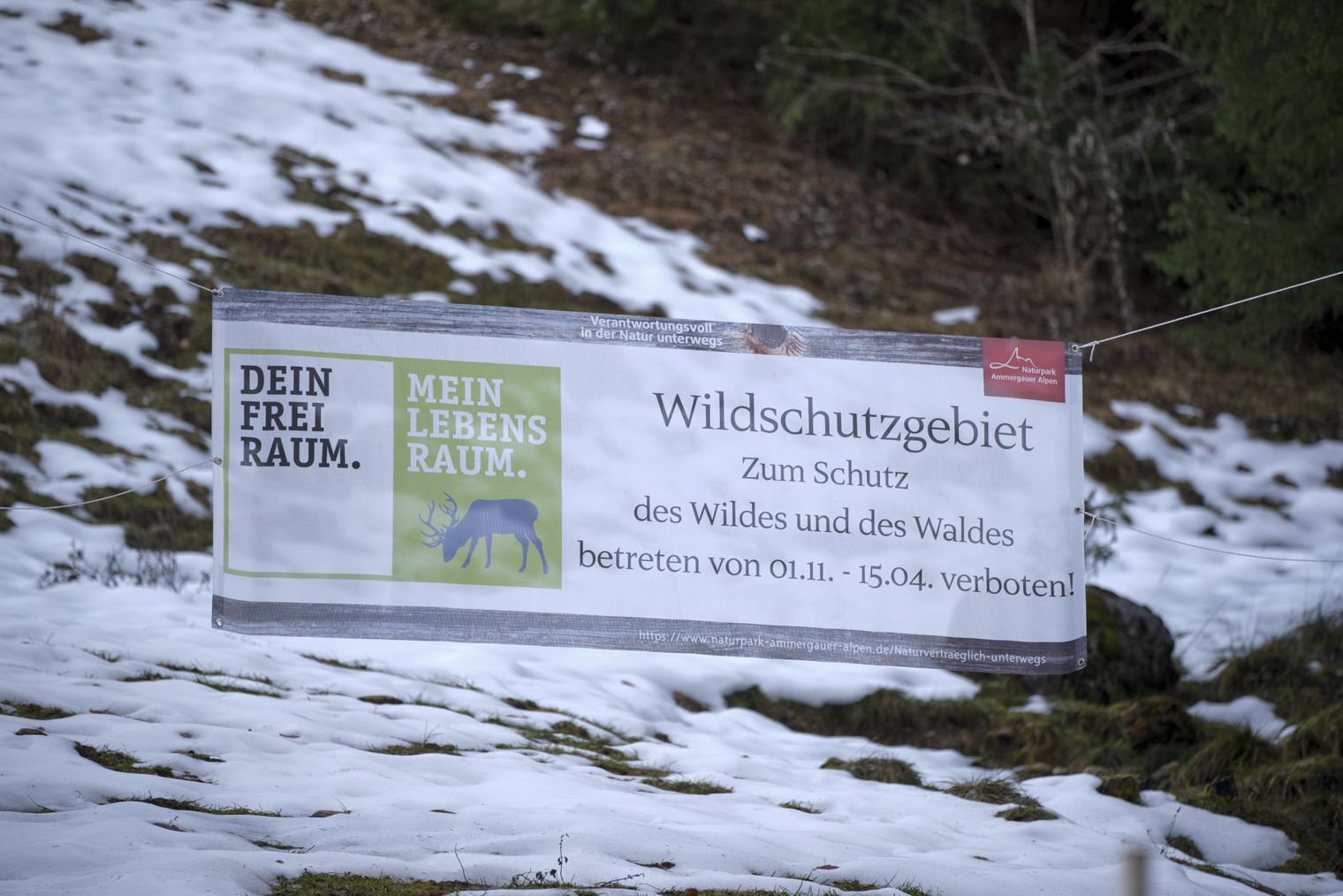 Ein gesperrter Weg in der Zugspitz Region, mit dem Hinweis auf ein Wildschutzgebiet.