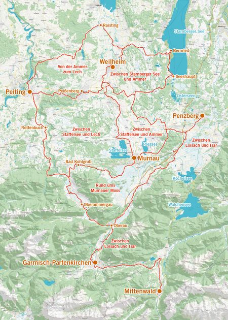 Eine Karte zeigt die Übersicht über die Radtouren "Himmlisch genießen"
