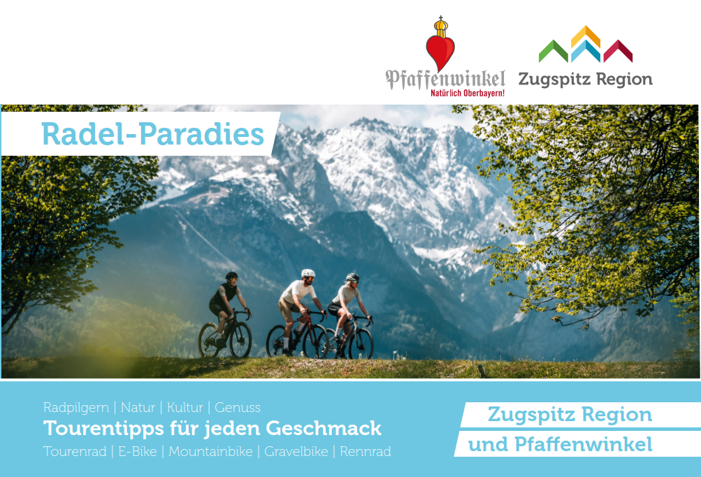Das Bild zeigt das Titelbild der Radbroschüre. Darauf zu sehen sind 3 Fahrradfahrer vor leicht beschneiten Bergen. Die Wiesen sind saftig grün.