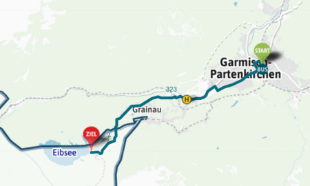 Das Bild zeigt die Busroute von Bahnhof Garmisch-Partenkirchen zum Eibsee.