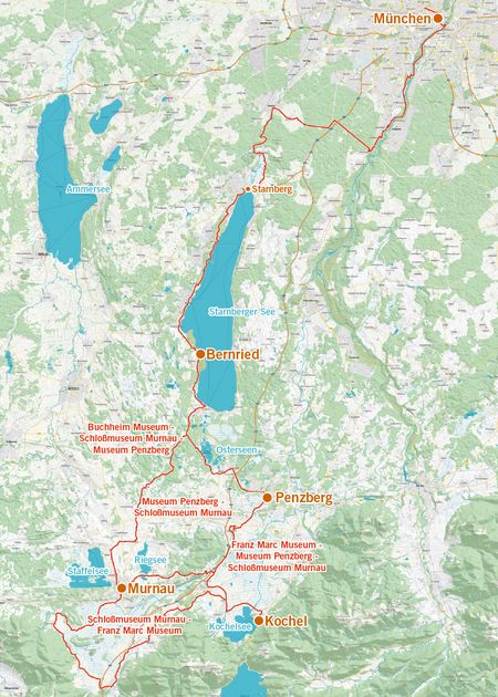 Karte mit der Routen Übersicht der Radtouren MuSeenLandschaft Expressionismus