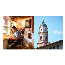Das Bild zeigt einen Ausschnitt eines Geigenbauers, sowie den Kirchturm von Mittenwald.
