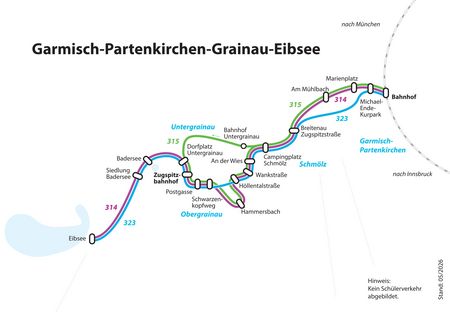 Die Grafik zeigt die Buslinien zwischen Garmisch-Partenkirchen, Grainau und dem Eibsee.